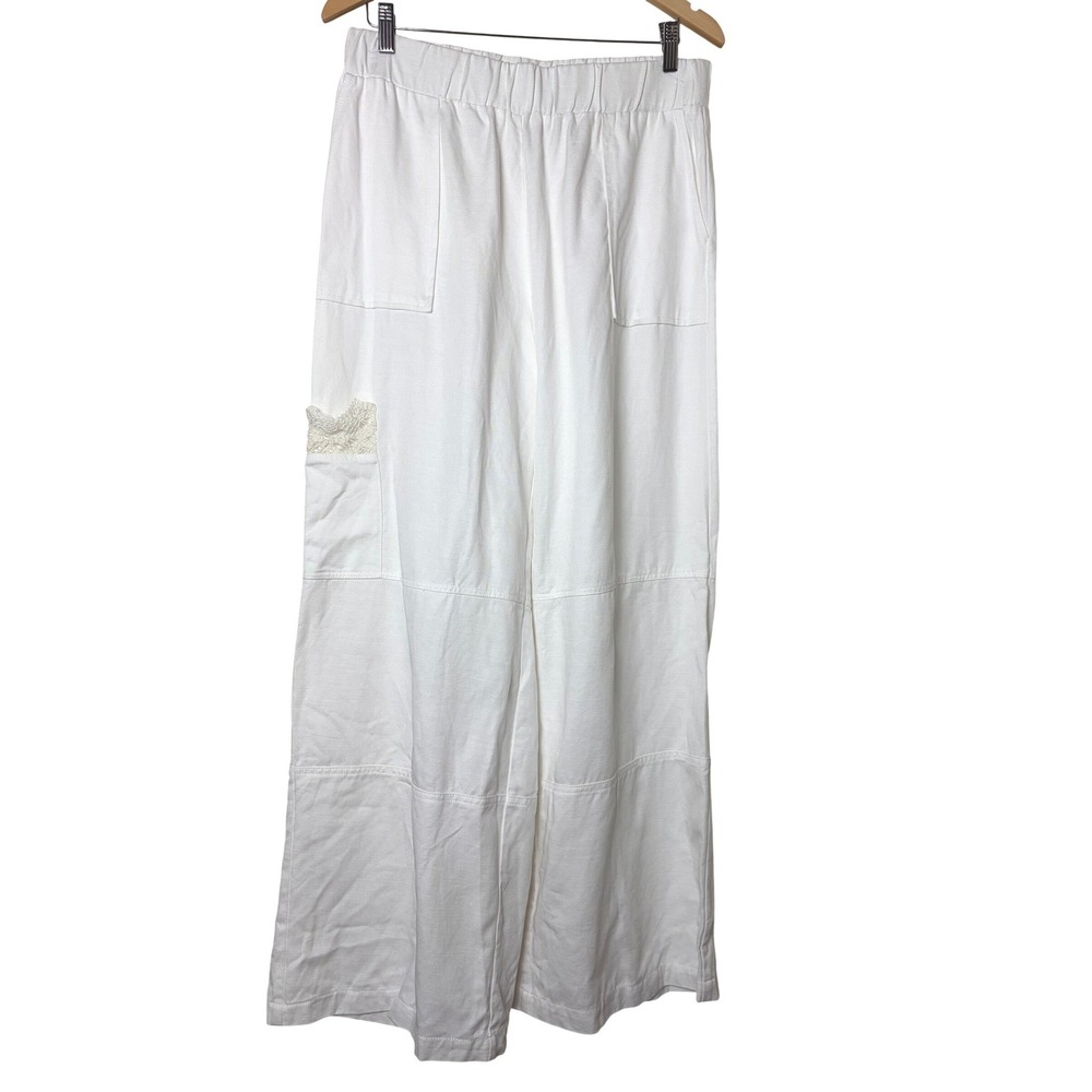 Cupio White Wide Leg Pants Lace Detail Cotton Lyocell Cargo Pocket Womens Large‎